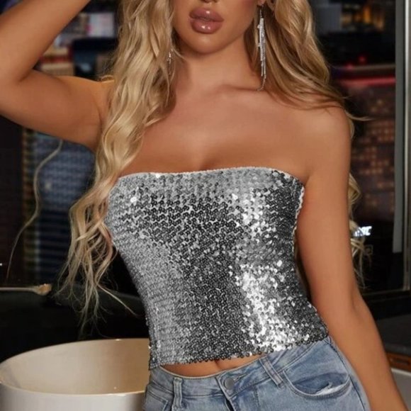 Glamorous Silver Sequin Tube Top - Picture 4 of 7